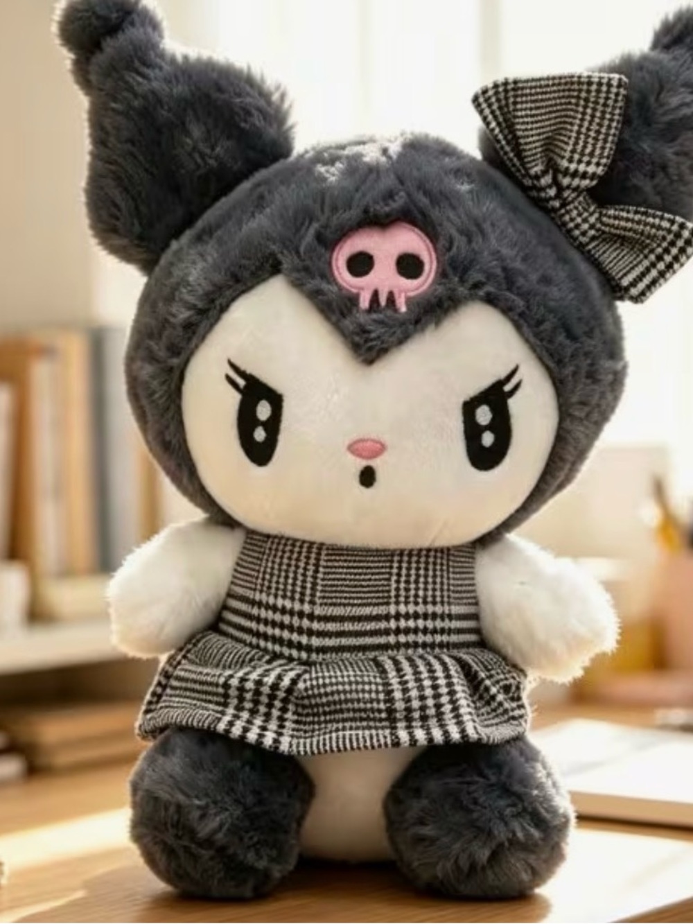 10” Kuromi plush toy black-and-white houndstooth dress-Gothic Style-NEW
